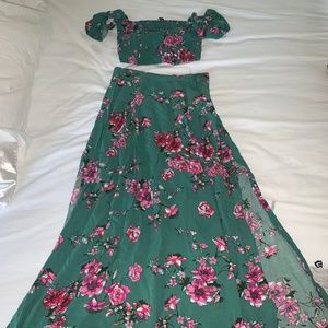 Lulus two piece green and pink floral skirt and top